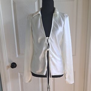Zara Chic Tie Front Blouse Satin Cream White Long Sleeve Top Dressy Stylish